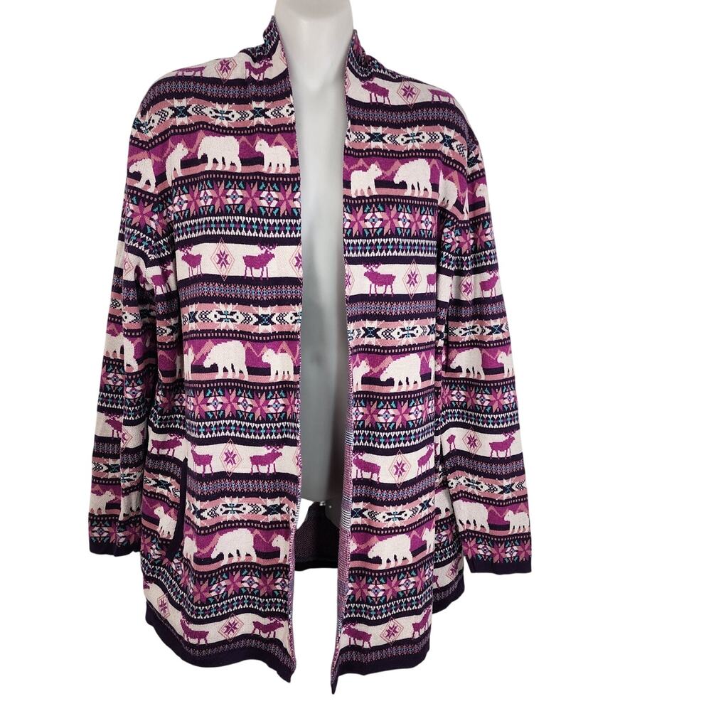 Lands’ End Sweater Cardigan Large Purple Fair Isle Open Front Woodland Animals